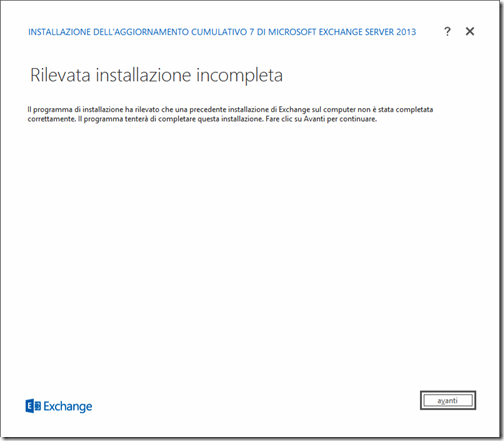 Exchange 2013 CU7 ripresa installazione