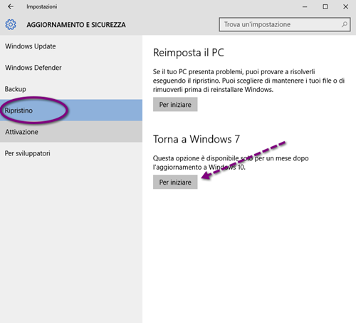 Tornare da Windows 10 a Windows 7